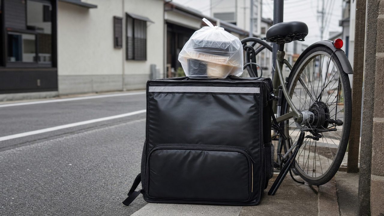 住宅街の路肩に自転車と並んで置かれた無地の保温デリバリーバッグと持ち帰り容器