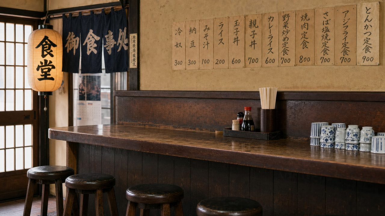 木のカウンターと椅子が並ぶ落ち着いた無人の飲食店の店内